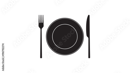 Plate with fork and knife icon in black silhouette on a white background, representing dining and meals