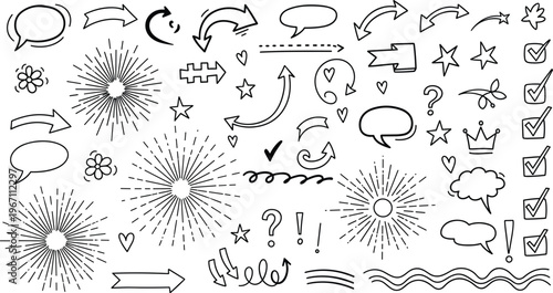 Comprehensive Hand Drawn Vector Doodle Set Featuring Arrows Stars Speech Bubbles Sunbursts and Decorative Elements for Creative Graphic Design
