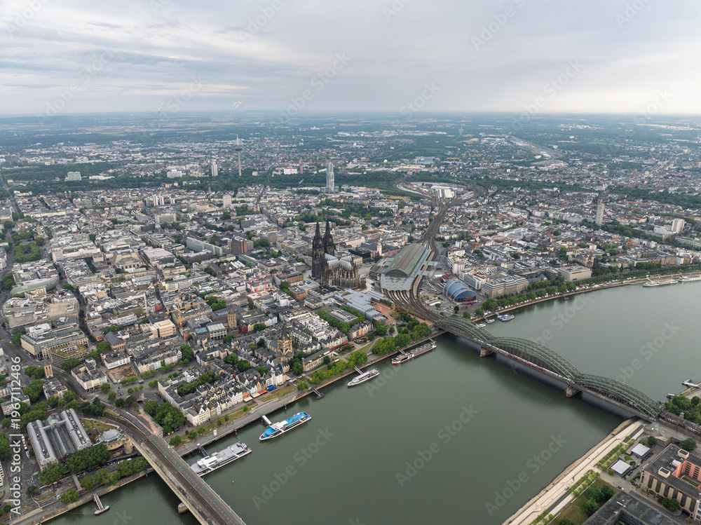 Obraz premium Panorama View of Cologne City in Germany. Drone, 4k