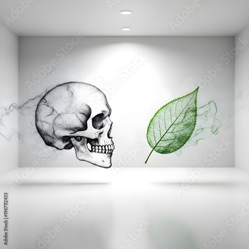 Environmental Ethics for Climate Awareness showing a Contrast between a Human Skull and a Green Leaf