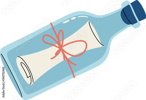 Message in a bottle vector illustration with rolled-up paper and red string for romantic and adventurous designs.