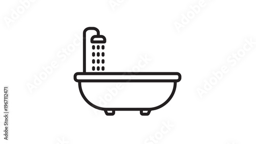 Bathtub icon with a shower head and falling water droplets, representing a clean bathing fixture for hygiene and relaxation.
