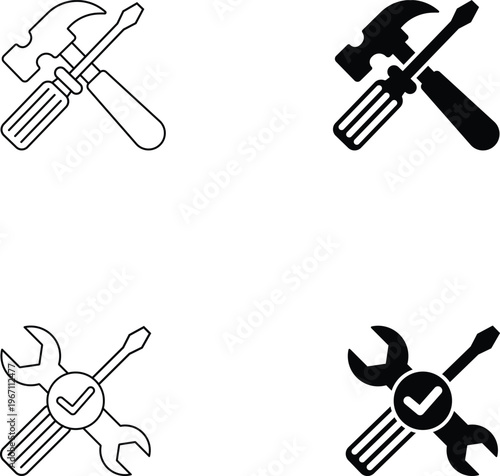 Minimalist Crossed Tools Icon Set — Line and Solid Repair Symbols