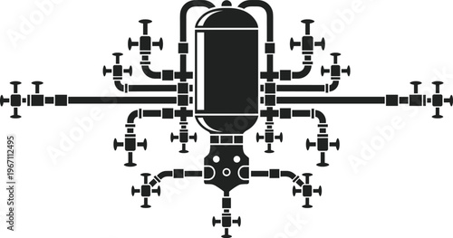 Industrial pipeline system silhouette with valves and tank isolated on white background, oil gas processing equipment illustration for engineering design