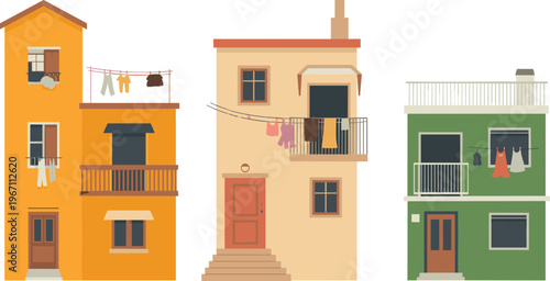 Colorful house vector set with laundry hanging on clotheslines for home and neighborhood illustrations