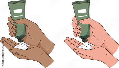Vector illustration of hands dispensing lotion from a tube for skincare and beauty designs