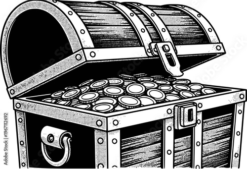 Vintage Open Treasure Chest Overflowing with Gold Coins and Metal Accents