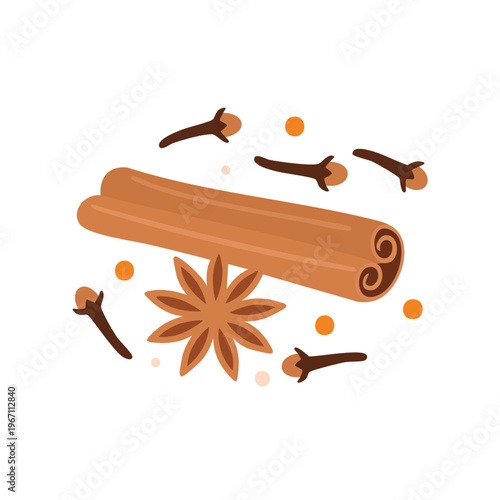 Close up illustration of cinnamon sticks star anise and cloves on white