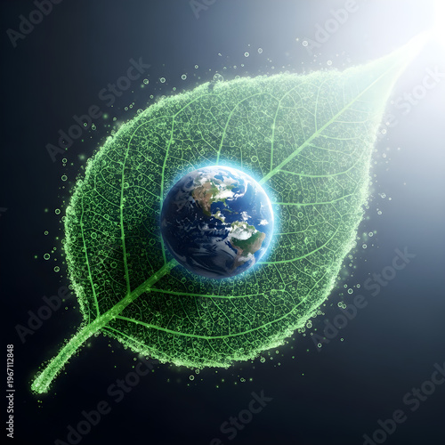 Global Stewardship for Earth Day showing the Planet Earth protected inside a Large Glowing Green Leaf