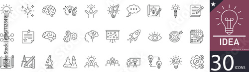 Minimal Idea line icons for creativity, innovation, brainstorming, thinking, and problem solving. Perfect for business, education, and creative projects.