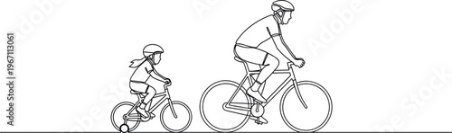 Father and Daughter Riding Bicycles Together in a Minimalist Continuous Line Art Style Vector Illustration Design
