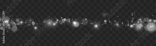 Soft white dust floats gently, forming subtle luminous bokeh with sparkling highlights over a transparent dark gradient.