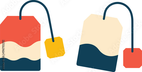 Vector illustration of colorful tea bags with different label and tea color combinations for beverage and tea designs.
