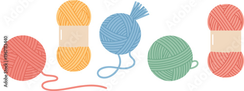 Colorful yarn ball vector set in red, orange, yellow, green, and blue for craft and knitting designs.