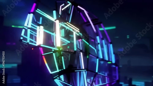 Mesmerizing 3D wireframe sphere with holographic glitch effects and rainbow color shifts featuring a bold 