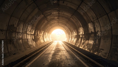 Bright Light at the End of a Long Dark Concrete Tunnel, Symbolizing Hope, Future, and New Beginnings.