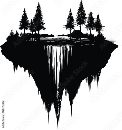 Floating Island with Waterfall Silhouette Vector