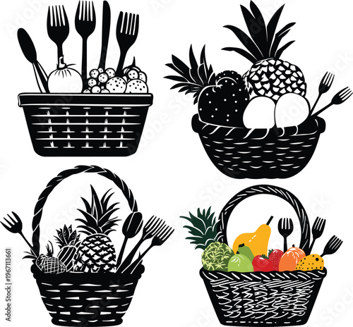 Fruit Basket with Tiny Utensils Silhouette Vector