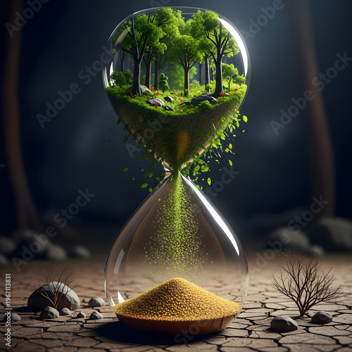 Climate Change Urgency for Environmental Awareness showing an Hourglass with a Vanishing Forest