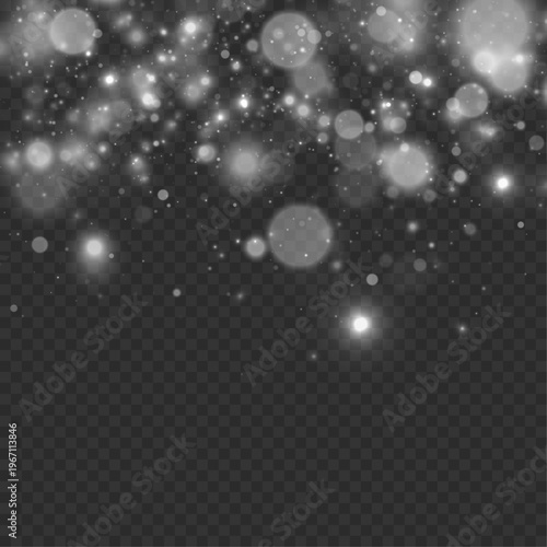 White glowing dust swirls softly across a transparent background, creating delicate bokeh and tiny sparkling light points.