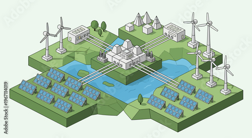 Renewable energy sources integrated into a smart grid system.