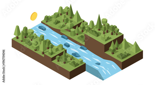 Isometric river flowing through a forest landscape illustration.
