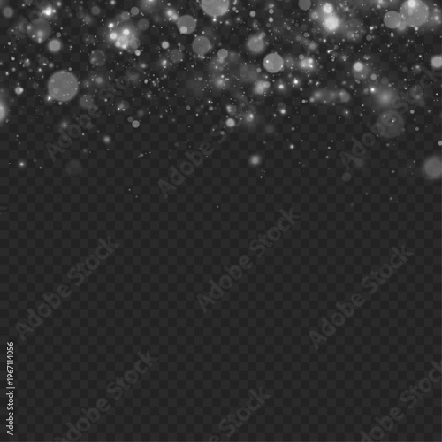 Soft white particles float across a dark backdrop, blending luminous dust with subtle bokeh for elegant festive visuals.