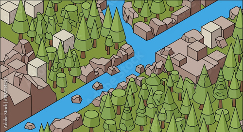 Isometric forest landscape with a winding river and rocks.