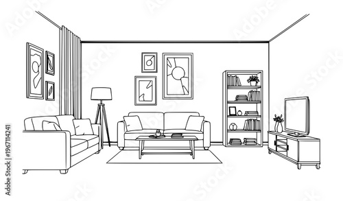 Modern living room interior black and white line art vector with sofa furniture and decor in clean outline style