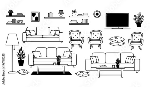 Living room furniture and decor elements black and white vector set in minimal outline icon style