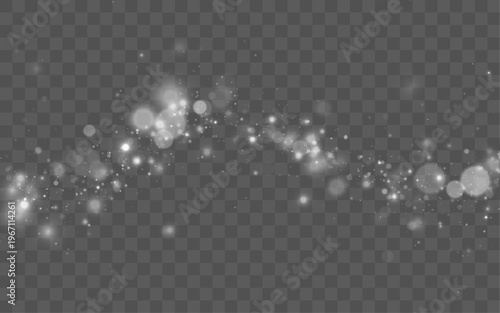 Soft white dust floats across a dark background, forming delicate bokeh and subtle glowing particles for a magical luminous effect.