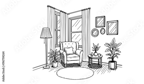 Cozy living room corner sketch vector in black and white with armchair plants and window interior perspective