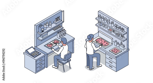 Scientists working in a laboratory setting with equipment.