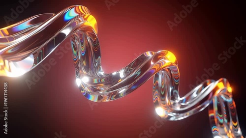 Abstract 3D rendering of glowing iridescent glass curves transforming into luxurious rings with beautiful light refractions against a deep red background.