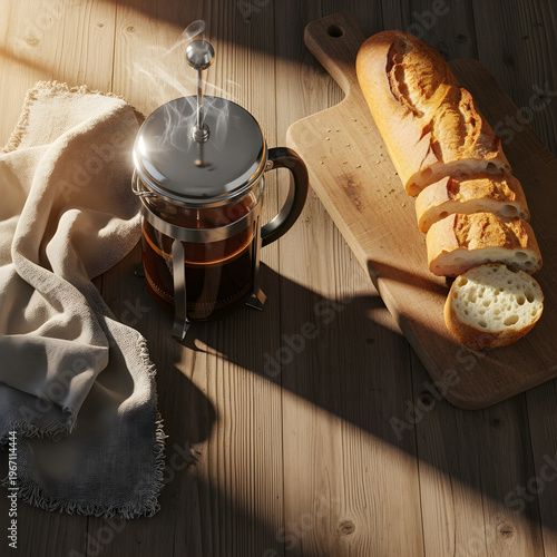 Morning coffee and bread setup for cafe breakfast branding with french press and rustic table warm light