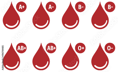 Blood group type icon set for medical awareness and donation, scalable vector illustrations of blood types with symbols and labels, ideal for medical presentations, infographics, patient education, 