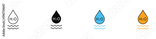 Water drop and H2O chemical formula icon set. Minimalist liquid droplet symbol for hydration, environment, and science concepts. Vector Illustration.