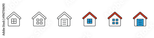 Minimalist house and garage building icon set. Residential real estate architecture and home exterior symbols in flat and colored styles. Vector Illustration.