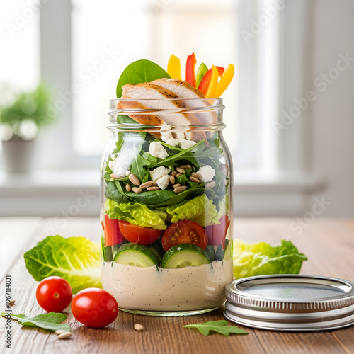 Healthy salad jar meal prep for weight loss diet concept with layered vegetables clean kitchen background