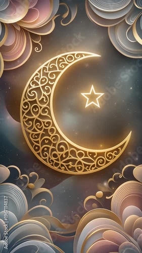 Golden crescent moon with star symbol.