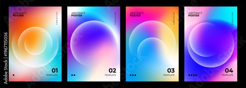 Set of futuristic abstract posters. Bright blurred gradients and defocused white spheres for creative graphic design. Vector illustration.