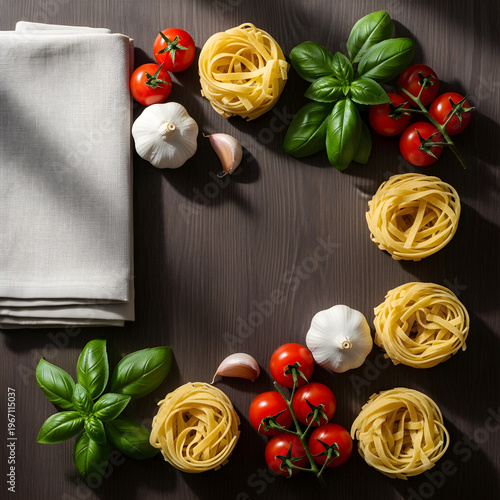 Italian pasta ingredients flat lay with copy space for recipe blog header garlic basil tomatoes dark kitchen background