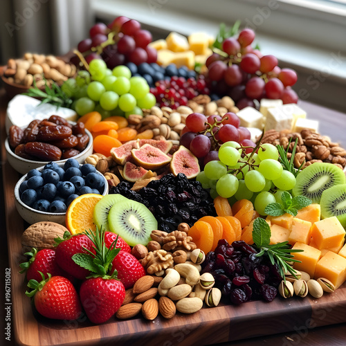 Fresh fruit platter assortment for healthy lifestyle nutrition concept with berries grapes and nuts colorful composition
