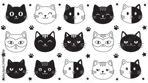 Cute cat faces with various expressions and paw prints in a monochrome design, black and white illustration.