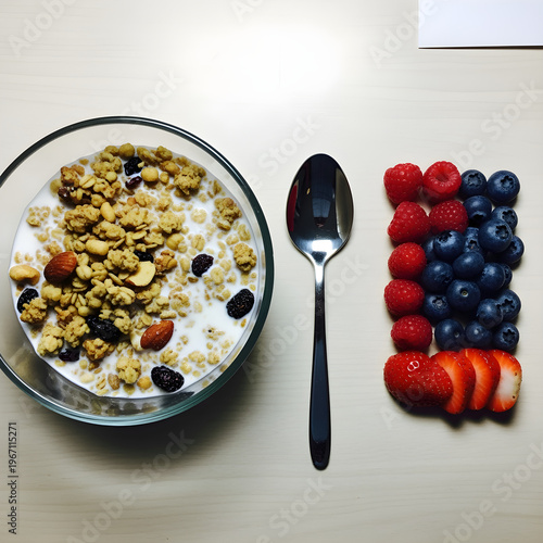 Healthy oatmeal bowl with berries for clean eating breakfast concept with granola yogurt and fresh fruits minimal setup