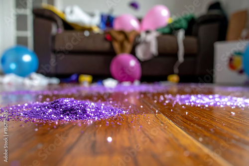 Purple glitter and confetti scattered on a wooden floor after a party, with colorful balloons and a messy couch in a blurred background. Low-angle close-up of post-celebration cleanup.