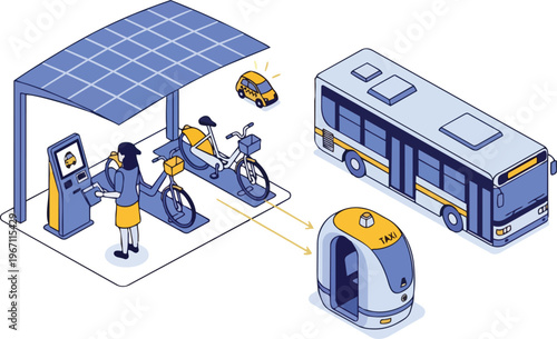 Isometric Smart City Transportation Hub with Electric Bus, Solar Bike Sharing Station, and Autonomous Robot Taxi Pod for Sustainable Urban Mobility Vector Illustration
