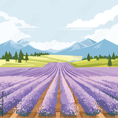 Illustrated lavender field with mountains and blue sky landscape artwork