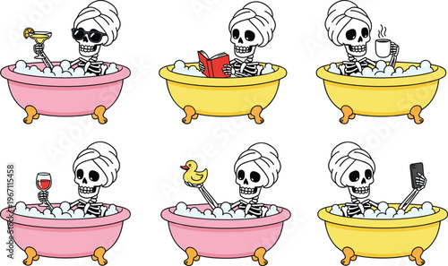 Vector illustration of cartoon skeletons relaxing in bathtubs with bubbles and leisure activities