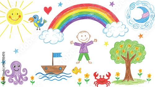 Vector illustration of cheerful children’s rainbow scene with sun, moon, sea animals and nature elements